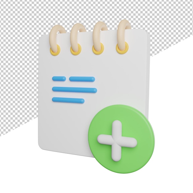 Agregar nueva nota recordatorio vista lateral 3d renderizado icono ilustración sobre fondo transparente