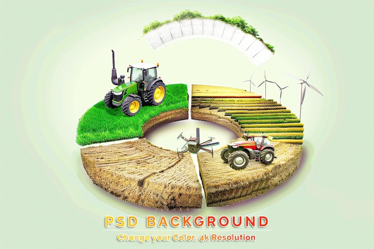 PSD agricoltura con trattore e colture isolate raccolta del trattore su un pezzo di terreno agricolo