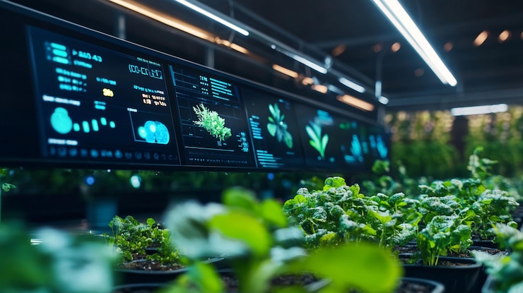 PSD agricoltura coperta futuristica con display digitale che mostra i dati sulla crescita delle piante