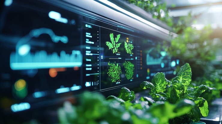 PSD agricoltura idroponica futuristica con monitoraggio digitale della crescita delle piante