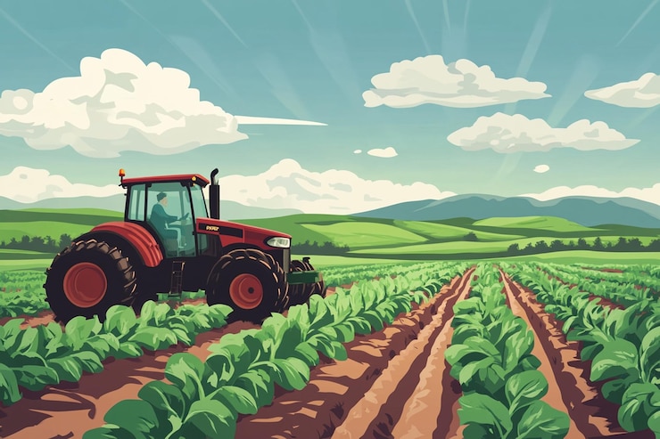 PSD agricultor conduciendo tractor en un campo verde vibrante bajo un cielo soleado