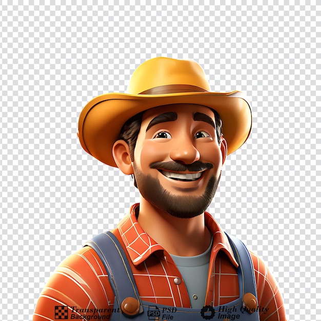 Agricultor de desenho animado em 3d sorrindo objeto de meio corpo isolado em fundo transparente