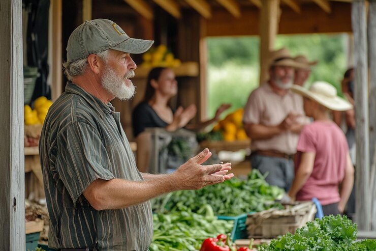 PSD agricultor fala com os clientes em uma barraca agrícola exibindo produtos frescos
