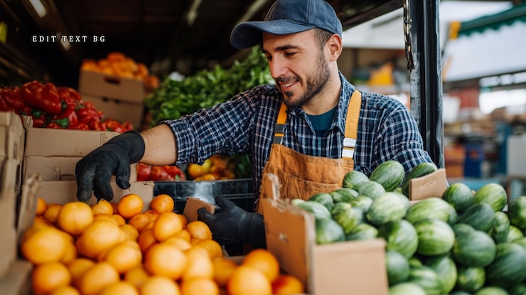 PSD agricultor feliz arreglando naranjas y pepinos frescos en su puesto de mercado