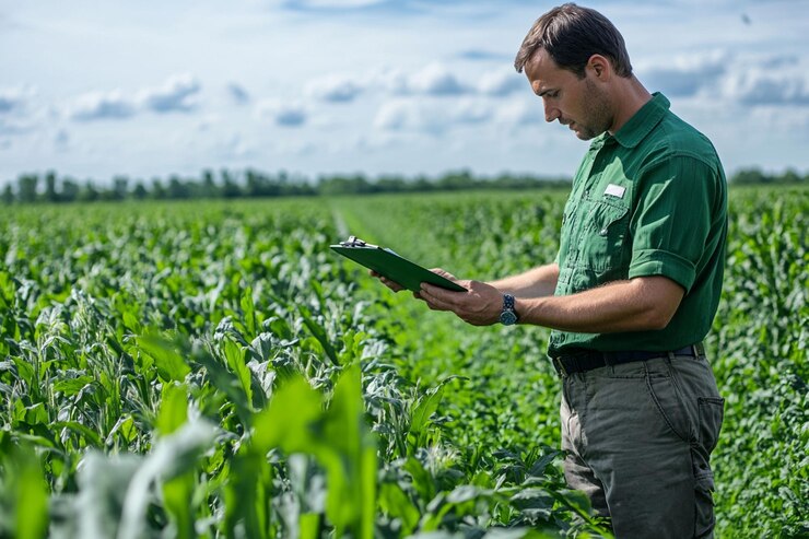 PSD agricultor inspeccionando la cosecha de maíz en el campo tomando notas en el clipboard