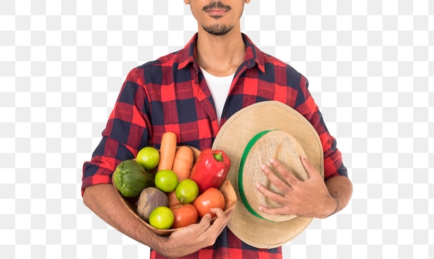 PSD agricultor midsection segurando uma cesta de legumes isolada no branco