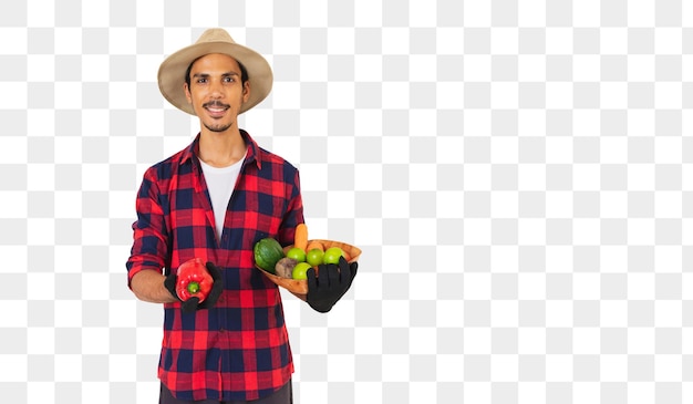 Agricultor negro com chapéu e luvas segurando uma cesta de legumes isolada