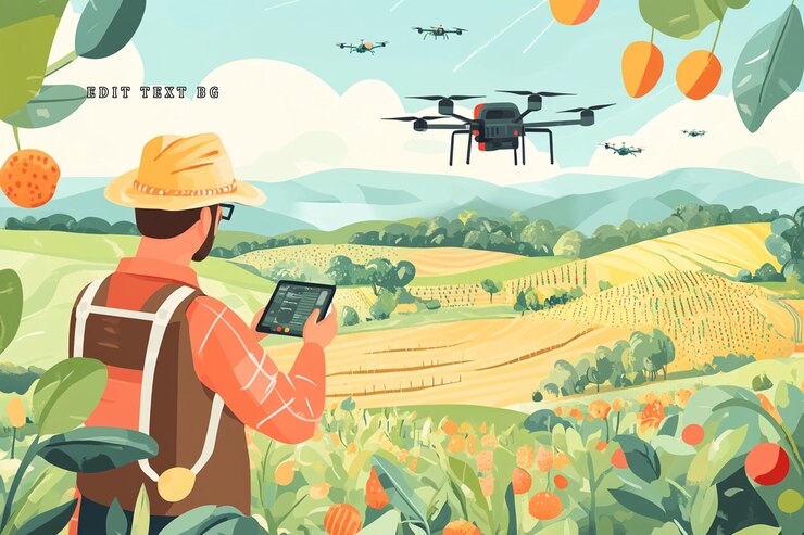 PSD agricultor que usa una tableta para controlar drones rociando cultivos en vastas tierras de cultivo