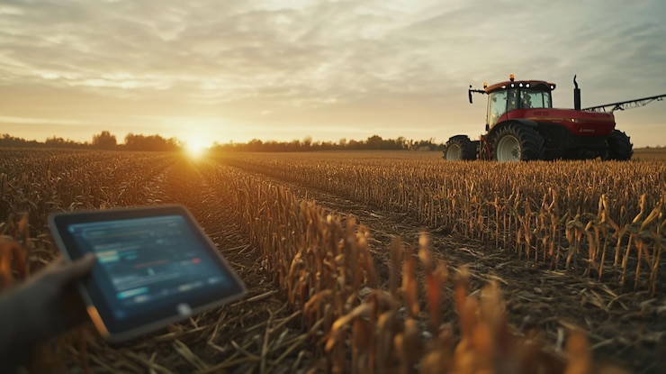 PSD el agricultor utiliza una tableta para monitorear los cultivos en el campo cosechado al atardecer con el tractor en el fondo