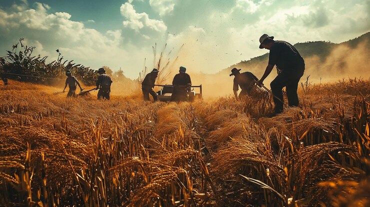 PSD los agricultores cosechan el arroz dorado utilizando métodos tradicionales bajo un cielo soleado
