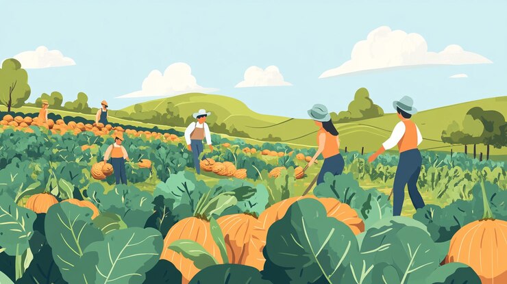 PSD los agricultores cosechan calabazas en un vasto campo en un día soleado