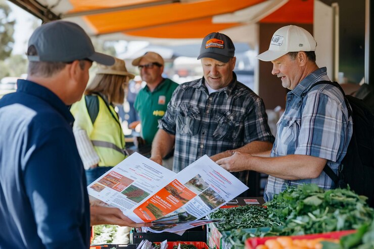PSD agricultores discutiendo folletos en un evento agrícola comunitario