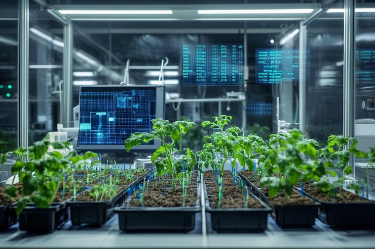 PSD agricultura en un entorno controlado plantas jóvenes de tomate que crecen en un laboratorio moderno bajo monitoreo digital