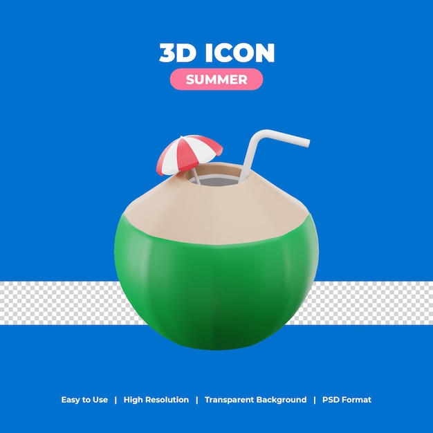 Agua de coco con ilustración de icono de renderizado 3d
