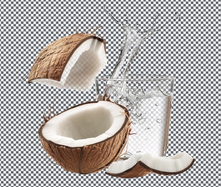 PSD agua de coco natural y fresca agua de coco aislada sobre un fondo transparente