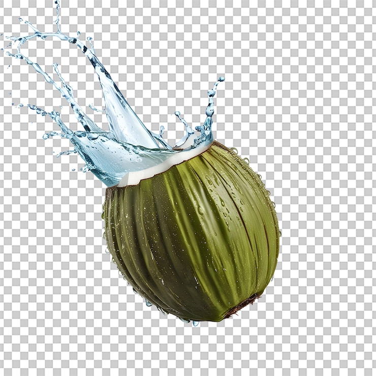PSD el agua de coco salpicada de coco verde fresco aislado sobre un fondo transparente como png o psd