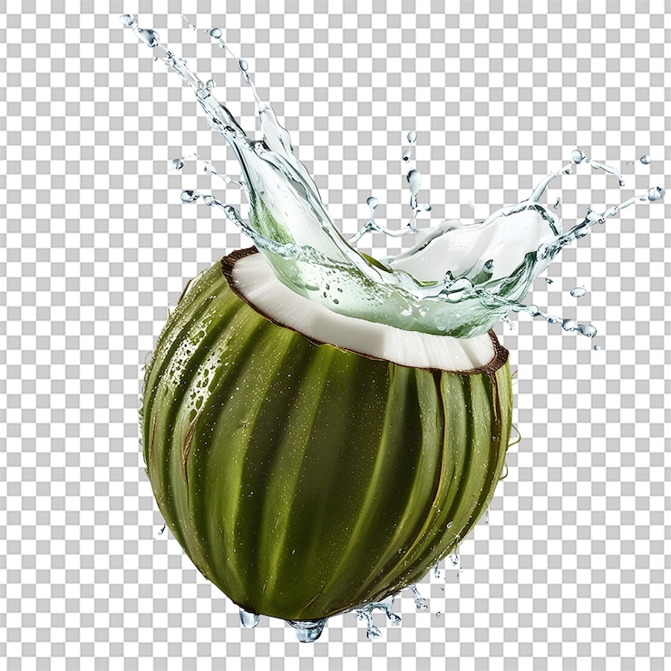 PSD el agua de coco salpicada de coco verde fresco aislado sobre un fondo transparente como png o psd