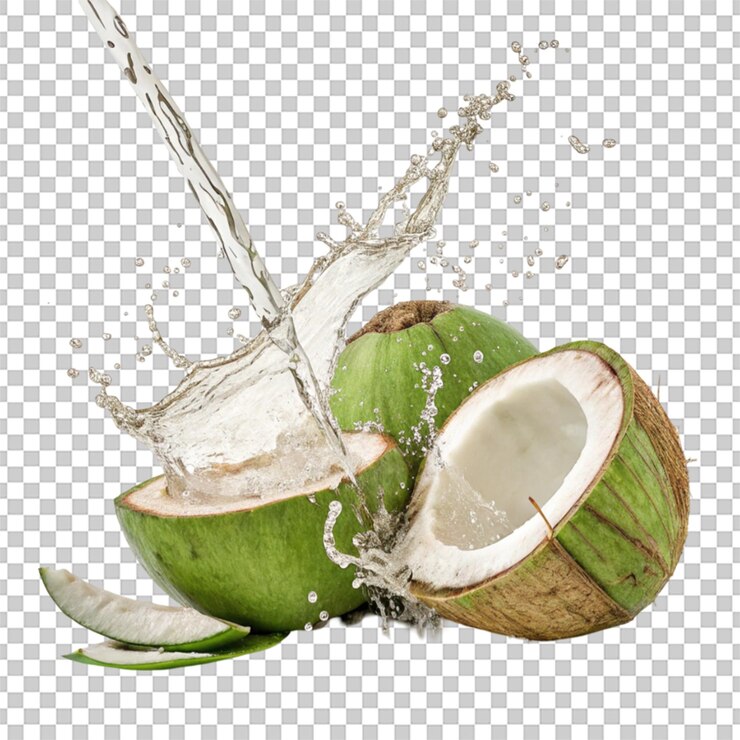 PSD el agua de coco salpicada de coco verde fresco aislado sobre un fondo transparente como png o psd
