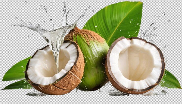 PSD agua de coco salpicando de un coco verde fresco aislado 3