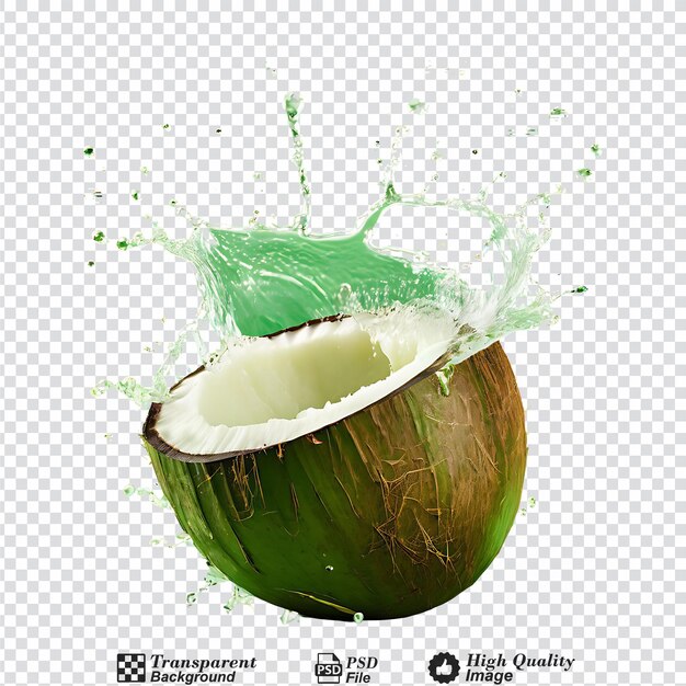PSD agua de coco salpicando de un coco verde fresco aislado en un fondo transparente