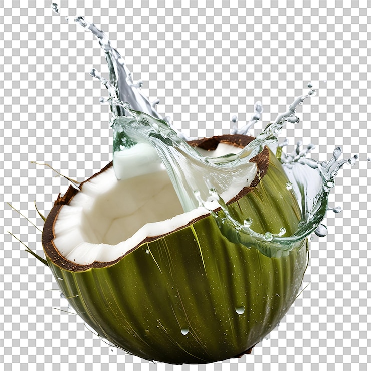 PSD agua de coco salpicando de un coco verde fresco aislado sobre fondo transparente png psd
