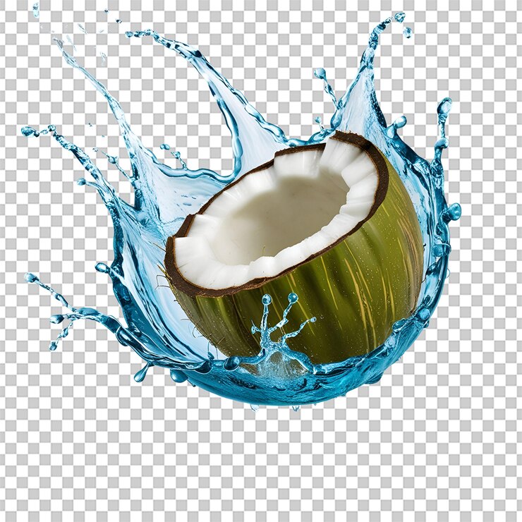 PSD agua de coco salpicando de un coco verde fresco aislado sobre fondo transparente png psd