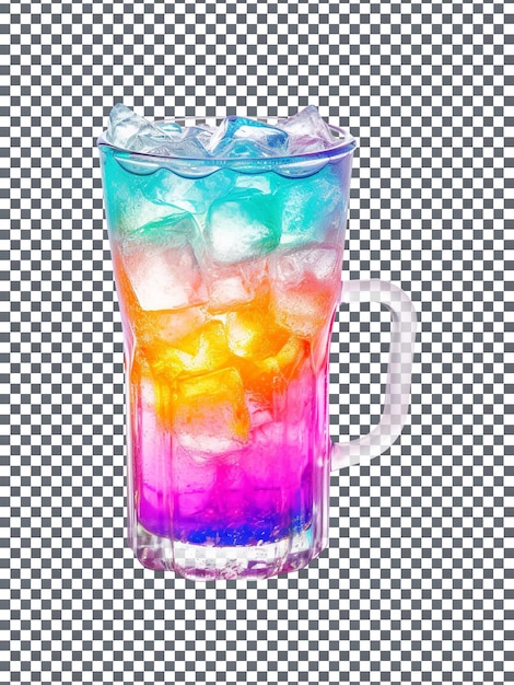 Agua de color del arco iris con cubitos de hielo aislado sobre fondo transparente