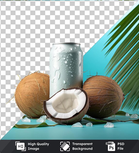 PSD Água de coco refrescante transparente e cocos em uma mesa azul acompanhados de um coco castanho e uma folha verde