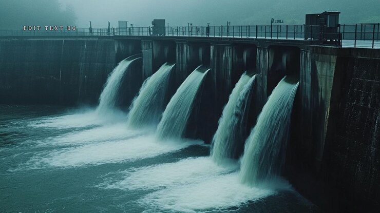 PSD água em cascata sobre o derramamento da barragem em tempo nebuloso