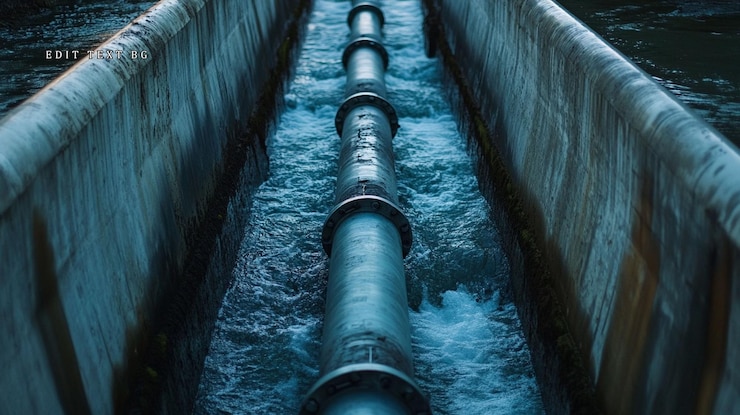 PSD água fluindo por tubos industriais em um canal de concreto