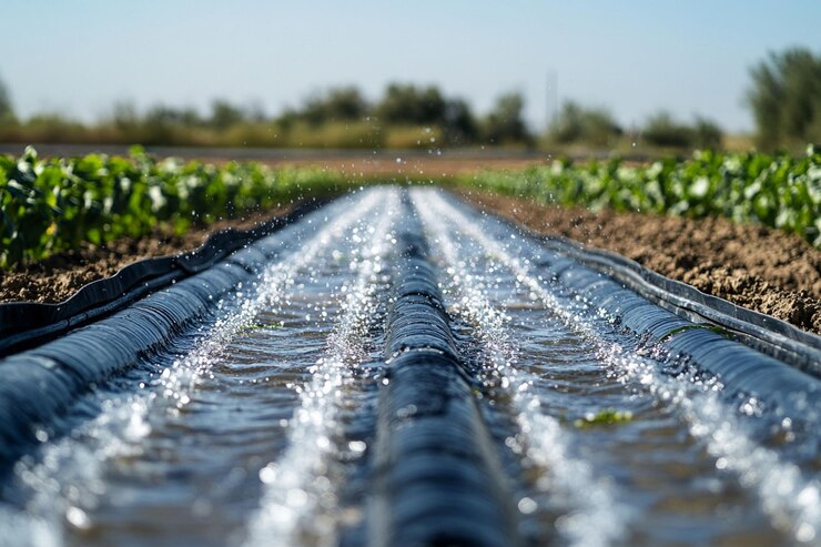 PSD el agua fluye a través de tubos de riego en un campo agrícola