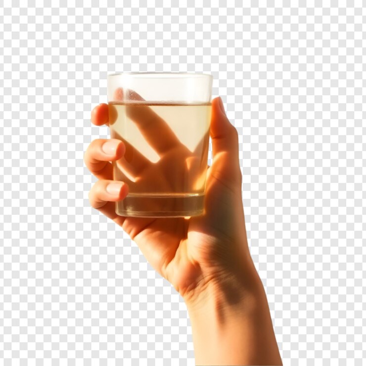 PSD agua limpia en vaso sostenido a mano para la hidratación