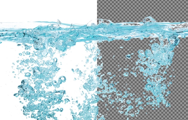 Agua potable que se vierte en vidrio transparente Burbujas en el interior de la caída de agua clara que cae Agua de refresco potable burbuja de aire fondo blanco elemento de congelación aislado