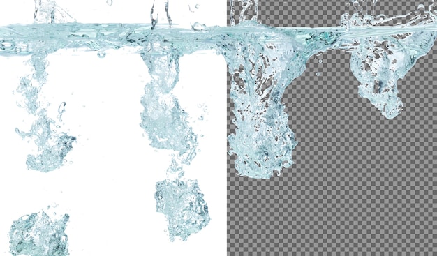 Agua potable que se vierte en vidrio transparente Burbujas en el interior de la caída de agua clara que cae Agua de refresco potable burbuja de aire fondo blanco elemento de congelación aislado
