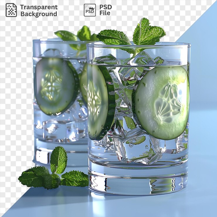 PSD agua refrescante de menta de pepino en un vaso con cubitos de hielo