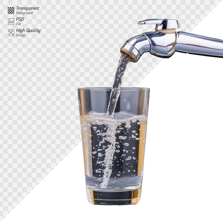 PSD el agua se vierte del grifo en un vidrio con fondo transparente