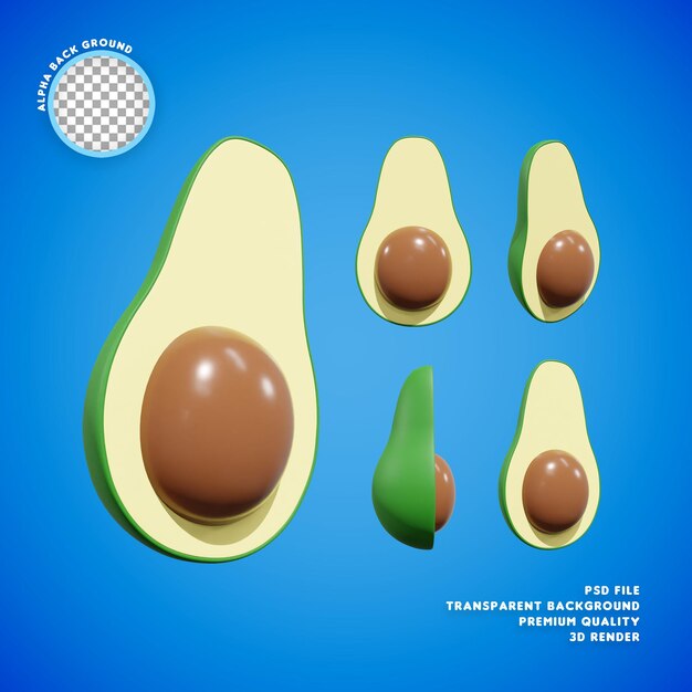 PSD aguacate alpukat fruta 3d render ilustración iconview render hd calidad premium alpha bg png