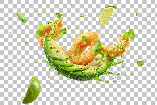 Aguacate frito volando con salpicaduras de cal y hierbas aisladas sobre un fondo transparente