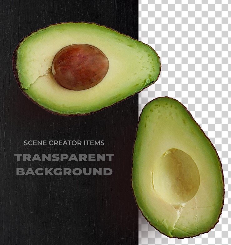 PSD un aguacate realista cortado por la mitad sobre un fondo transparente