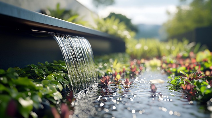 PSD las aguas en cascada fluyen suavemente sobre la exuberante vegetación en un tranquilo jardín
