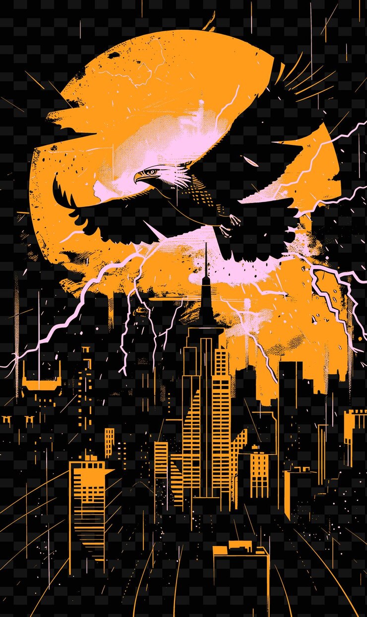PSD águila volando sobre un paisaje urbano con relámpago en el fondo diseños de fondo de póster png psd