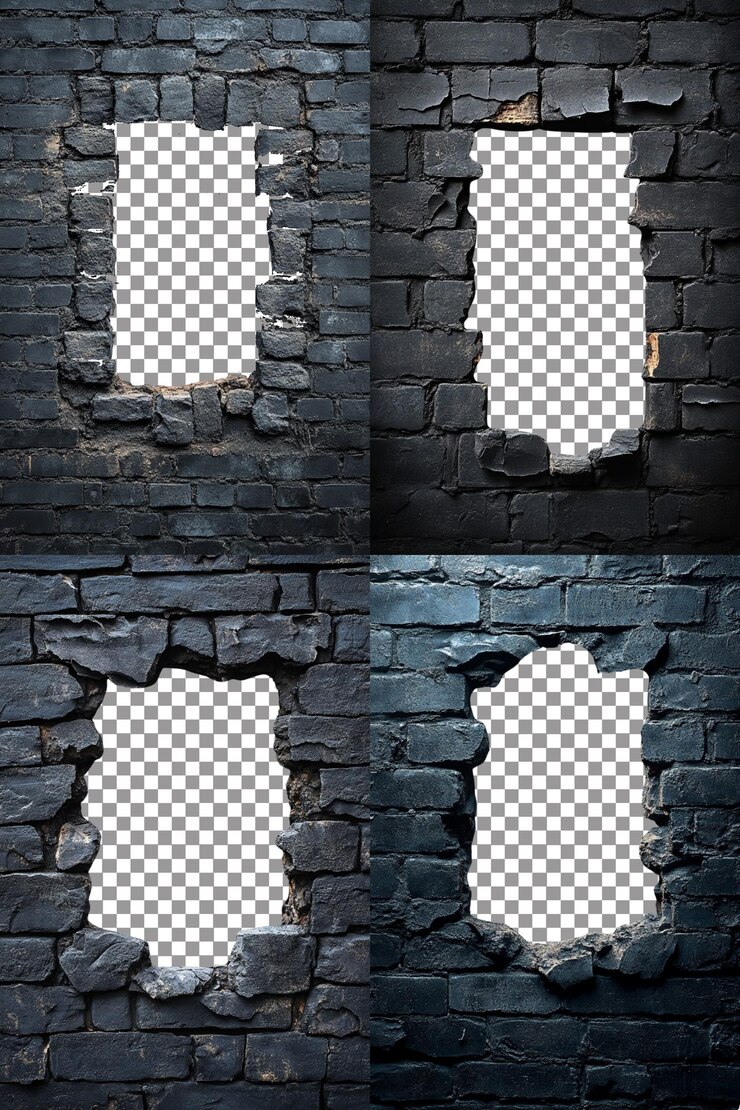 agujero en pared de ladrillo negro pasaje oscuro con historias ocultas hiperrealista aislado PNG con clara T