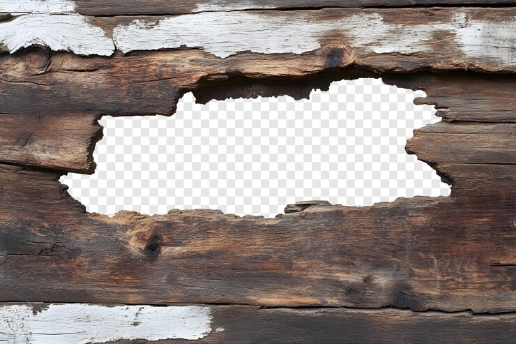 PSD agujero en la pared de madera aislado sobre un fondo transparente