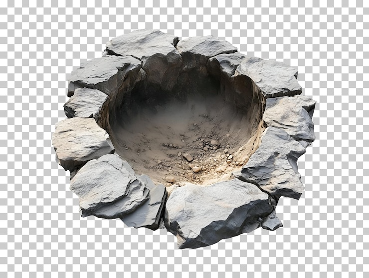 PSD agujero de roca de superficie agrietada aislado en fondo transparente png psd