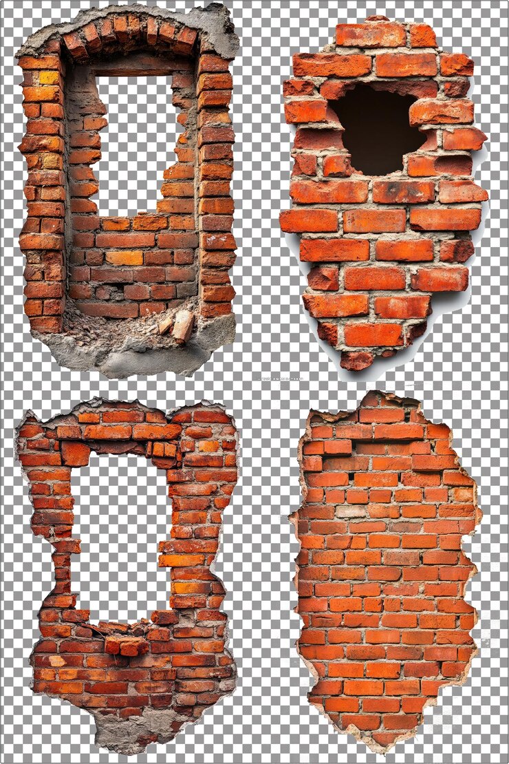 Un agujero rompiendo una pared de ladrillo rojo audaz e impactante hiperrealista aislado PNG con Clear Tra