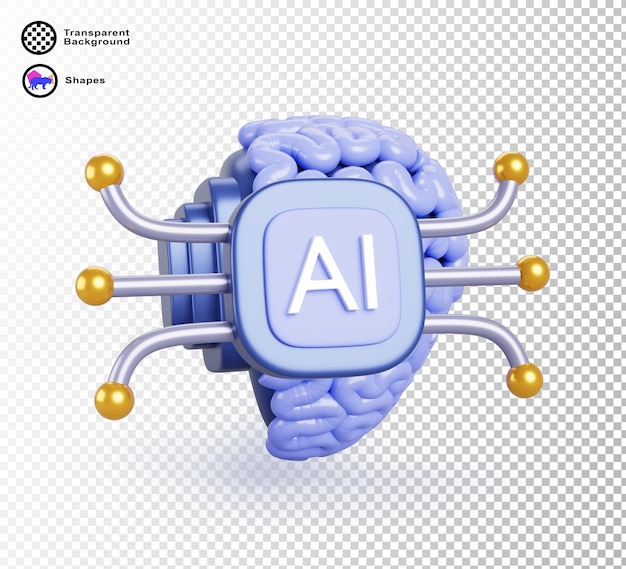 AI chip cerebral icono de renderización 3D Inteligencia artificial implante neural tecnología futura sistema BCI o interfaz de computadora del cerebro Mente humana con microchip aislado en fondo blanco