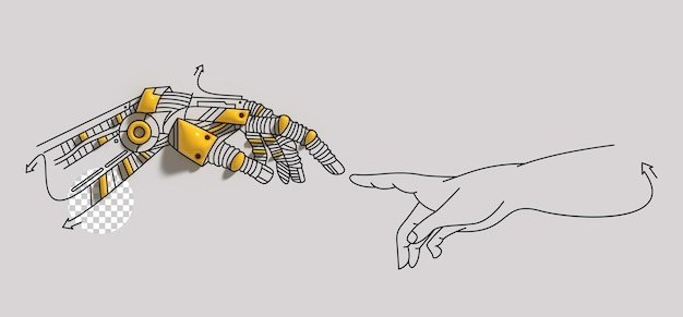 AI Mains de robot Mains humaines touchant les doigts Réalité virtuelle ou technologie d'intelligence artificielle