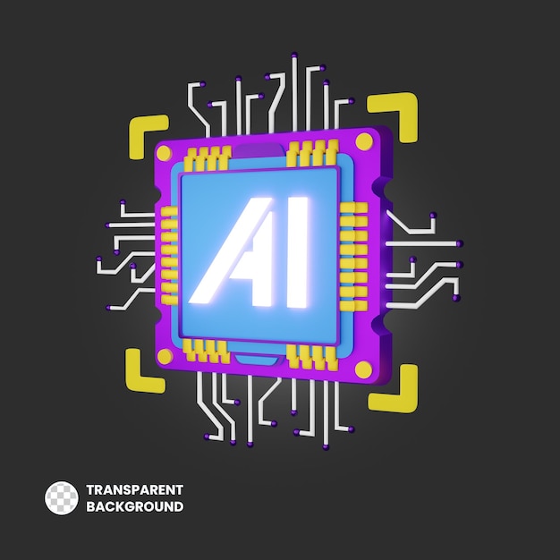 Ai-prozessor-chip-schaltung 3d-rendering von ai-roboter-symbolen