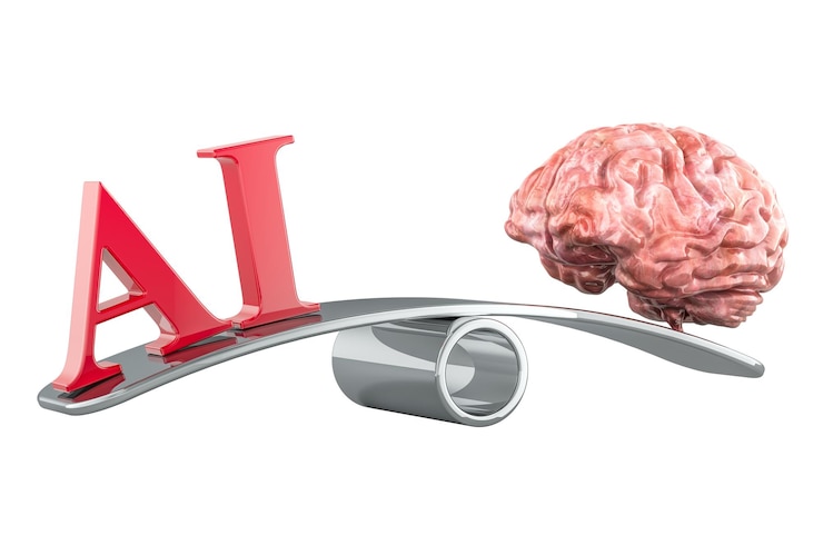 PSD ai vs human concept seesaw with ai and human brain 3d rendering isolated on transparent background