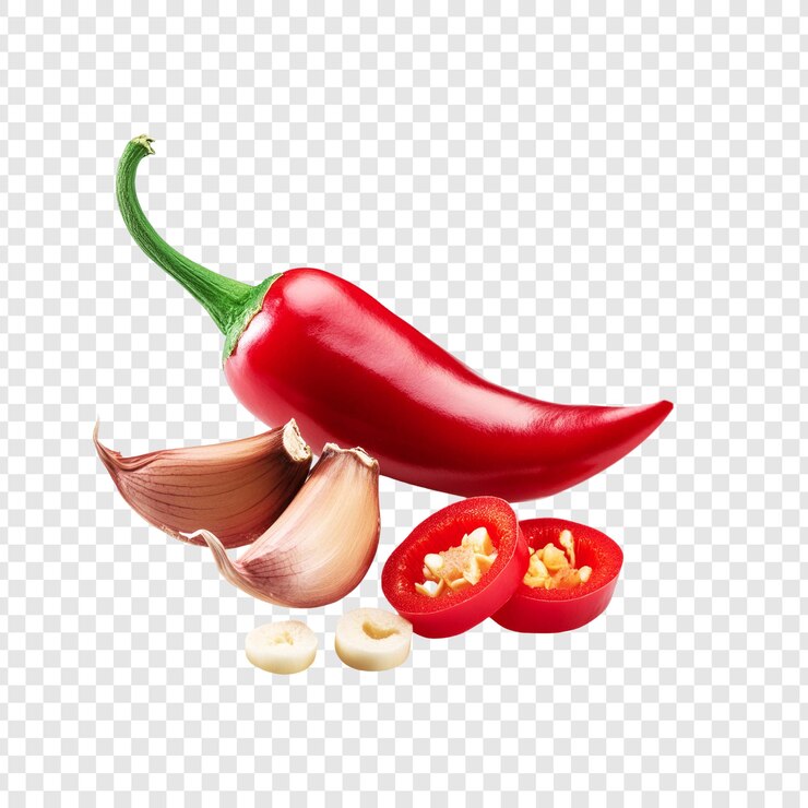 PSD ail frais avec des tranches de piment rouge isolées sur un fond transparent